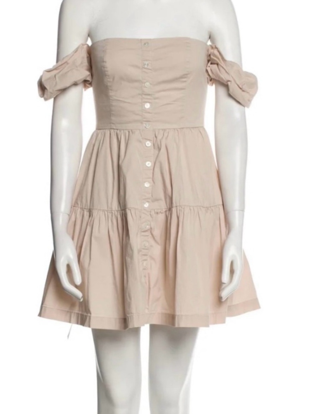 Off-Shoulder Button-Front Mini Dress in Tan